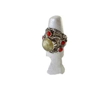 Red Coral Chatoyant Honey Yellow Calcite Hand Carved Sterling 925 Silver Ring